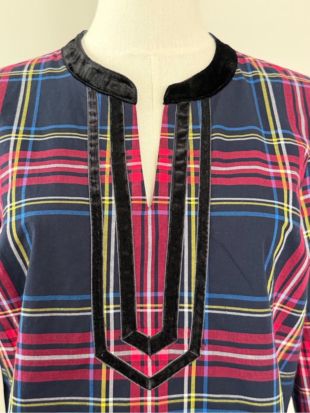 Talbots Cabin Plaid Split Neck Tunic Velvet Trim Cotton Top Small - Picture 9 of 15